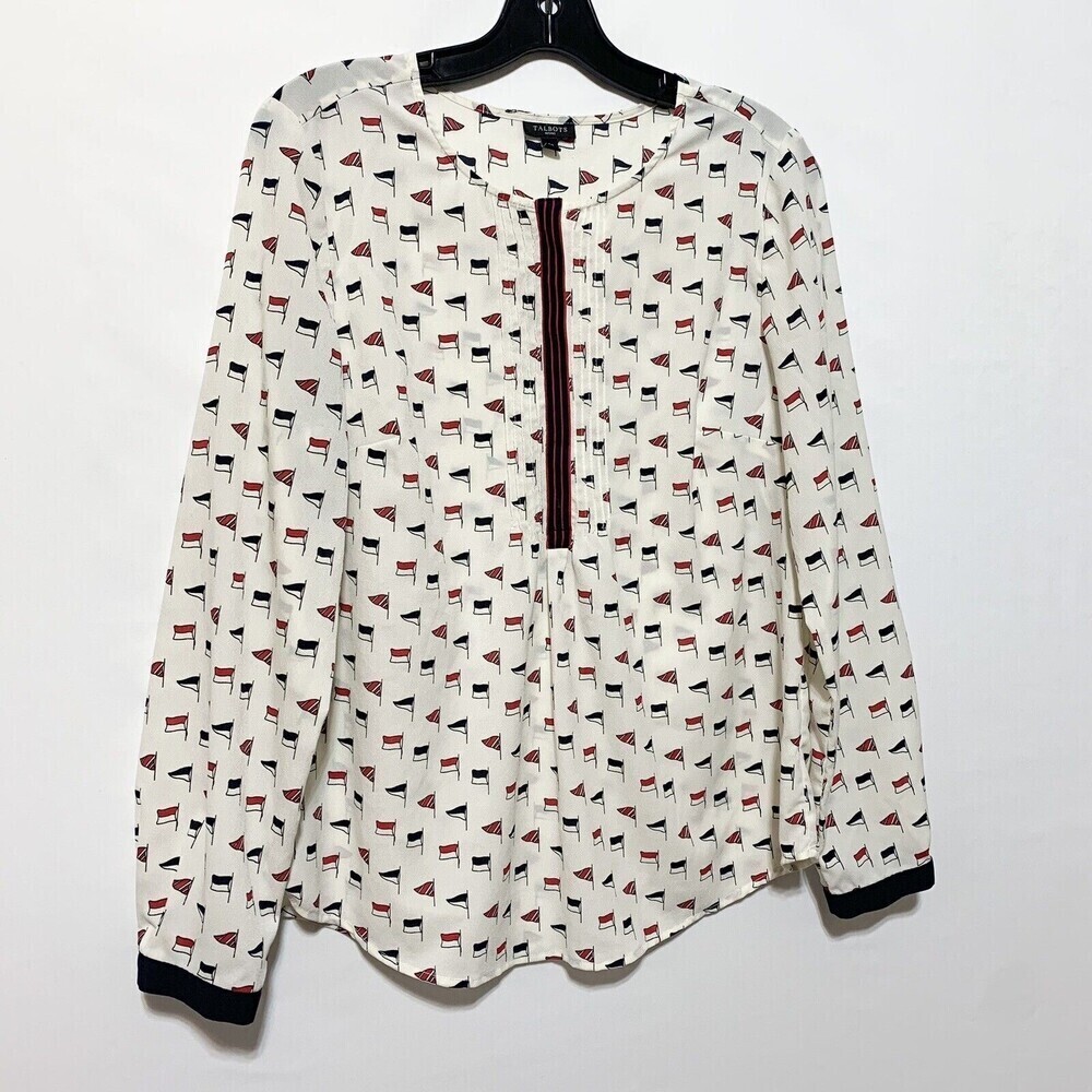 Talbots White and Black Flag Patterned Blouse with Red Trim - Picture 3 of 11